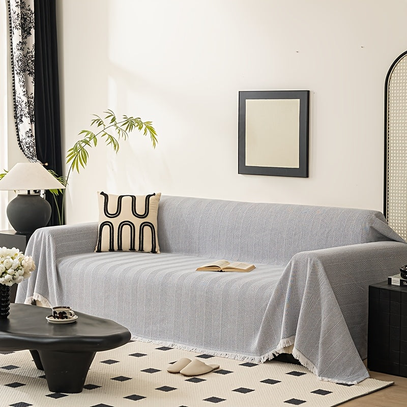 Sofa Cover 71-Inch Herringbone Jacquard Woven Throw with Tassel Fringe in Grey, Coffee, Green or Blue