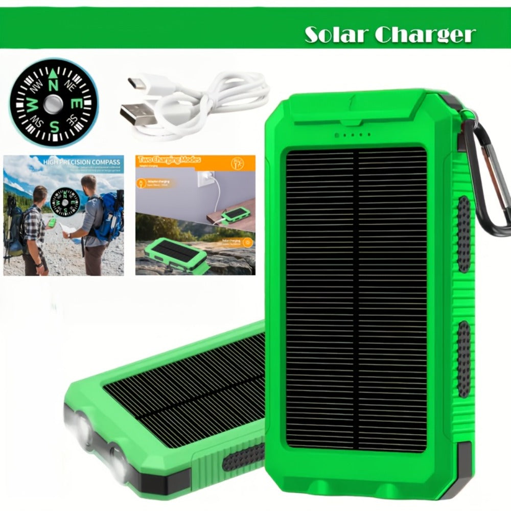 Solar Power Bank, 10000mAh USB Charger with Solar Panel, LED Flashlight, Compass, Data Cable and Backpack Hook