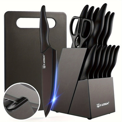 15-Piece Kitchen Knife Set with Black Handles, Steak Knives, Scissors, Honing Rod, Cutting Board and Storage Block