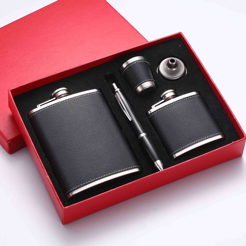 Black Gift-Box Flask Set with 8.1- and 3-Ounce Bottles, Cup, Filter and PU-Style Cover for Home and Everyday Use