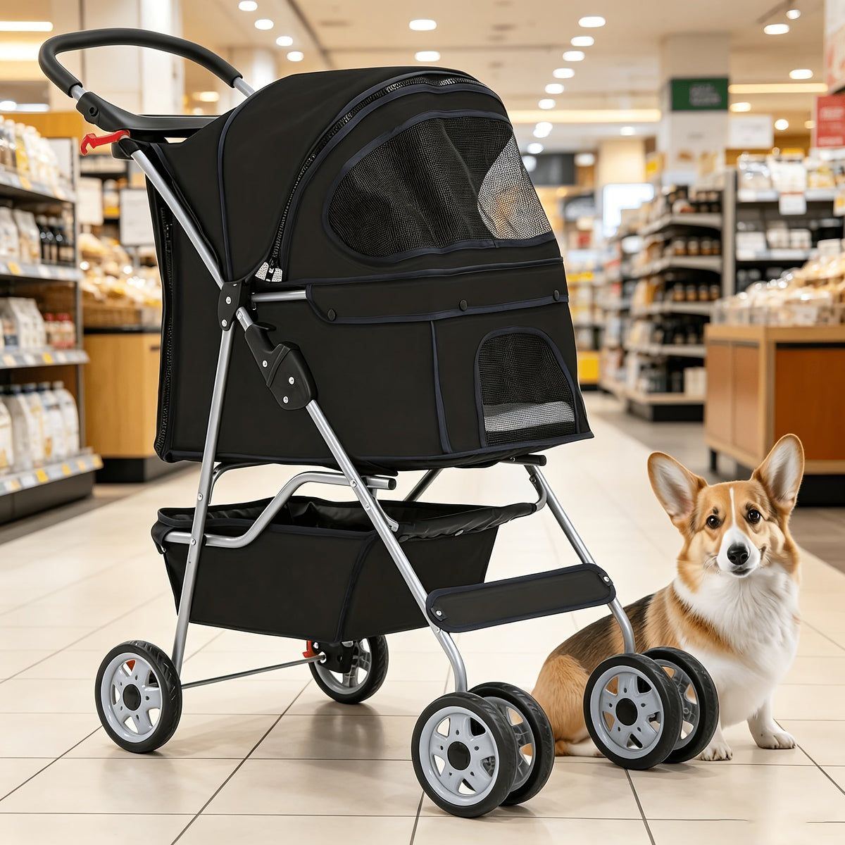 Four-Wheel Pet Stroller with Box Cabin, Wraparound Handle, Cup Tray, Lower Basket and Five Colors