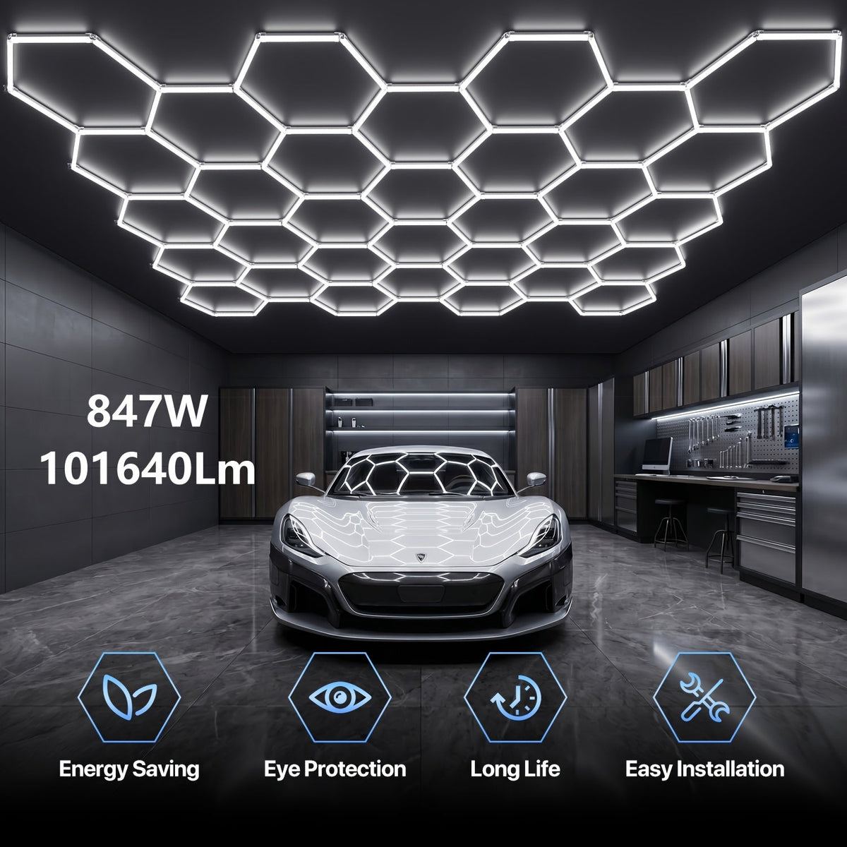 LED Hexagonal Garage Light 6500K, Super Bright Daylight White Shop Light 42W, 620W for Auto Detailing