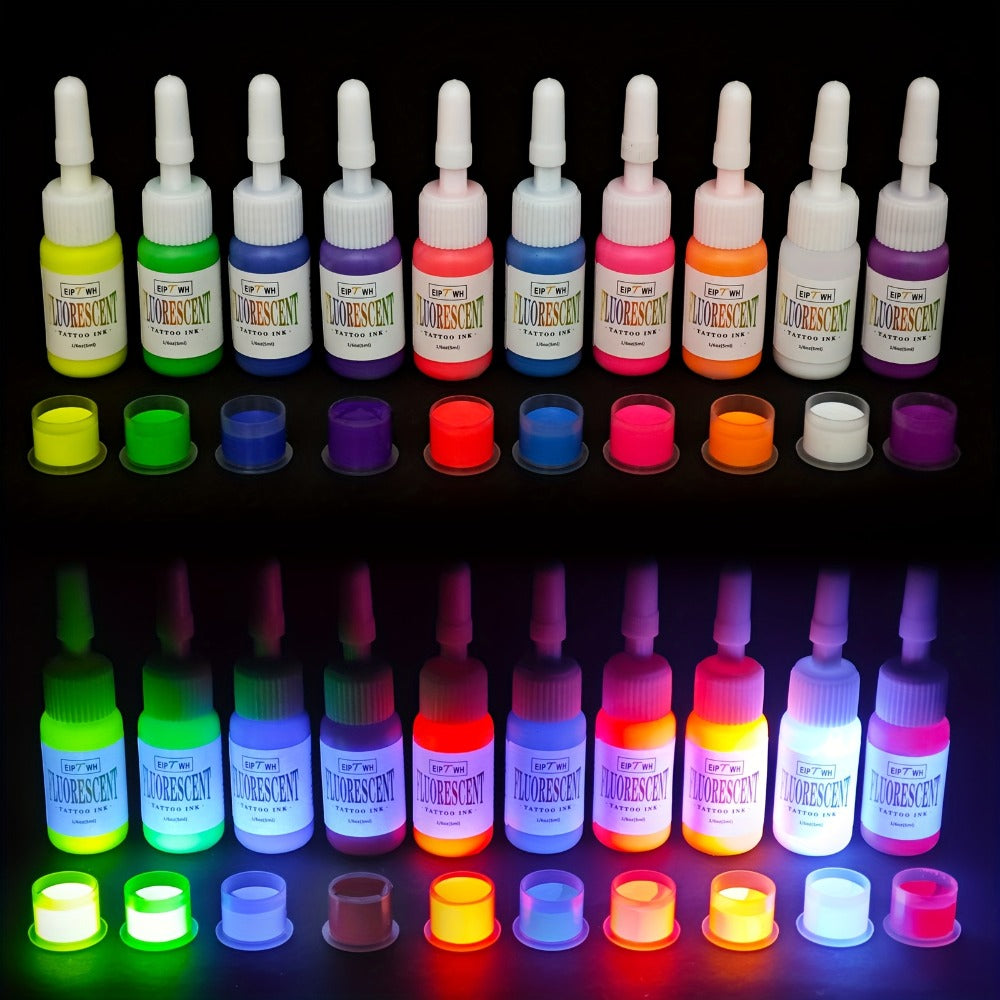 UV Tattoo Ink Set 10 Colors Fluorescent Neon Glow Blacklight Reactive Light-Reactive Long-Lasting Ink Bottles for Tattoo Artists Body Art Festival & Rave Events