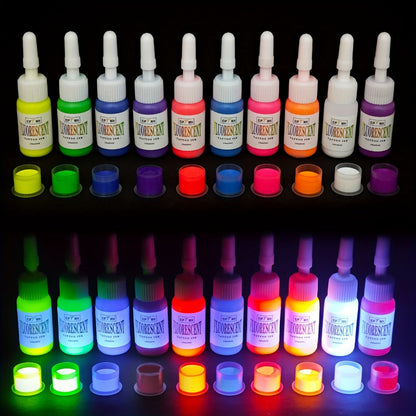 UV Tattoo Ink Set 10 Colors Fluorescent Neon Glow Blacklight Reactive Light-Reactive Long-Lasting Ink Bottles for Tattoo Artists Body Art Festival & Rave Events