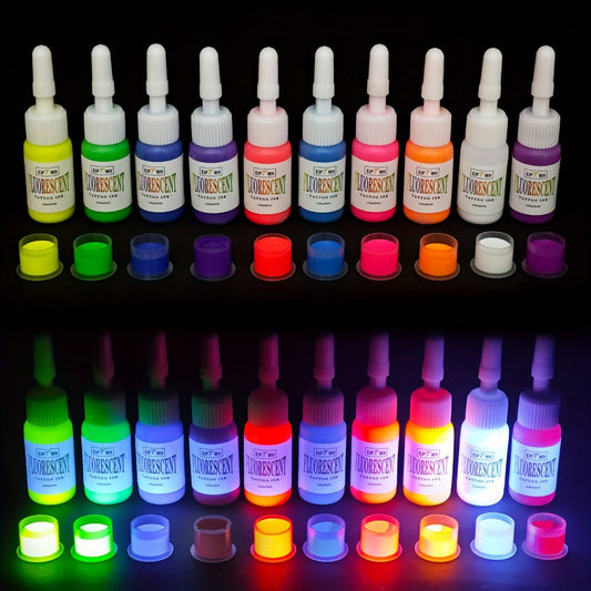 UV Tattoo Ink Set 10 Colors Fluorescent Neon Glow Blacklight Reactive Light-Reactive Long-Lasting Ink Bottles for Tattoo Artists Body Art Festival & Rave Events