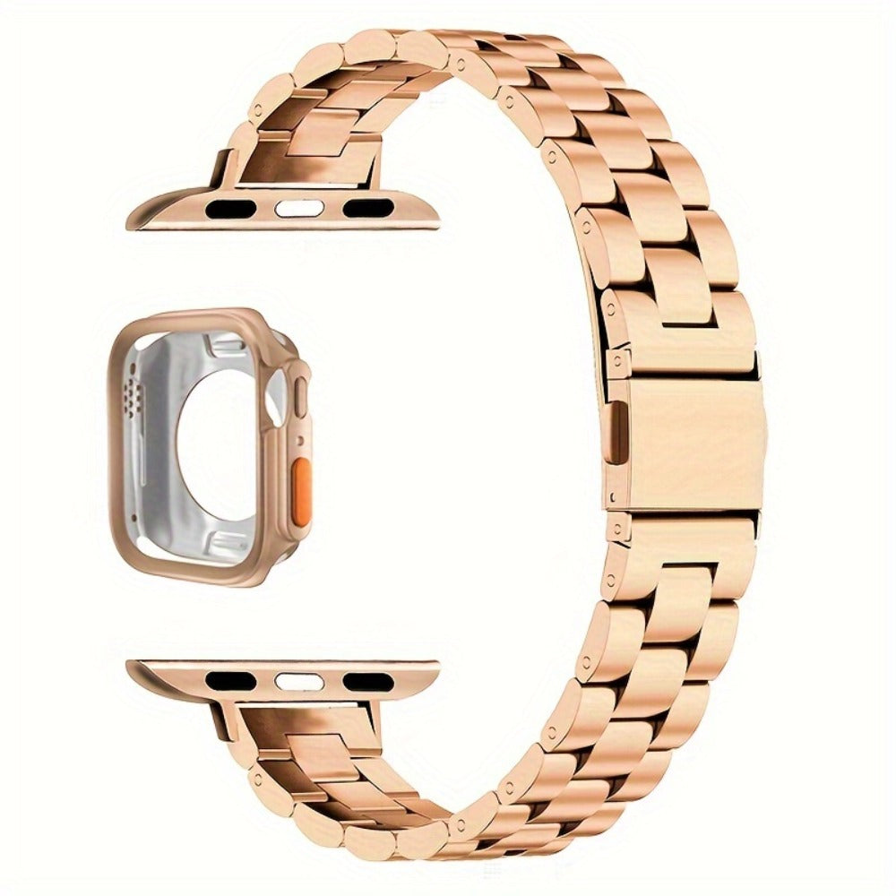 Slim Waist Apple Watch Steel Band & Half Shell Case 3-Piece Set – 2 Stainless Steel Bands + Protective Case Compatible with Apple Watch Series 1–9 SE Ultra 38 40 41 42 44 45 49mm – Gold Silver Rose Black