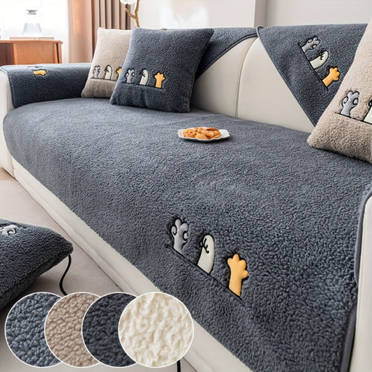 Sofa Cover Thick Plush Shearling Panels with Animal and Bone Embroidery and Non-Slip Feature for 2 to 4 Seats
