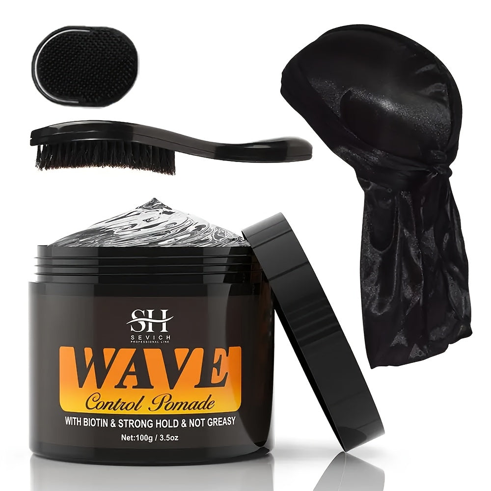 Wave Pomade Set for Men Strong Hold 360 Waves — Glycerin Formula Silky Shine, 4-Piece or 5-Piece Bundle with Silky Durag & Wave Brush, Deep Wave Pattern Hair Styling Kit, 100g