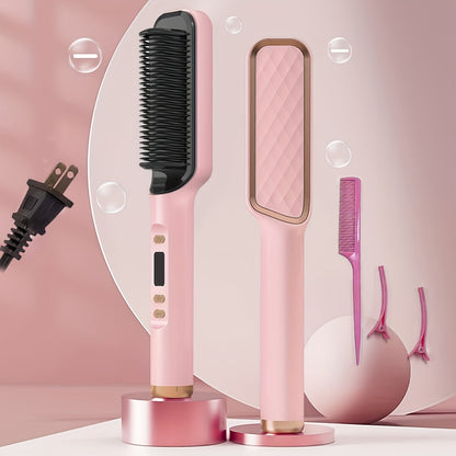 Four-Color Electric Hair Straightener Brush with Digital Display, Temperature Buttons and 10.6-Inch Body