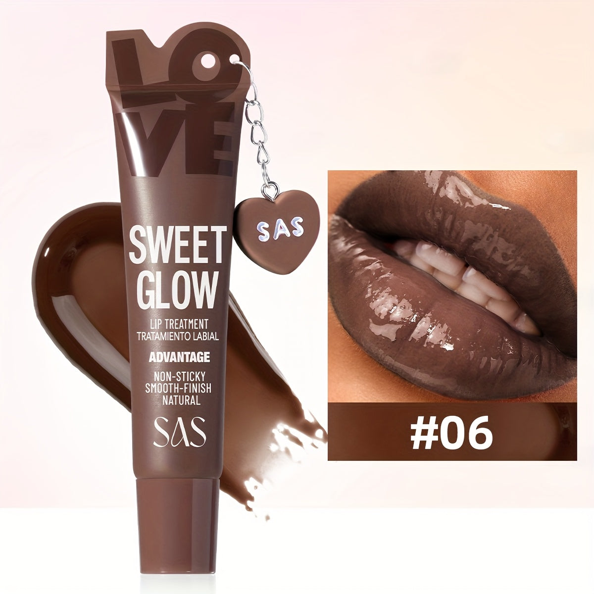 SAS Heart-Pendant Lip Gloss with 15ml Net Content, Squeeze-Tube Format and Six Numbered Shades