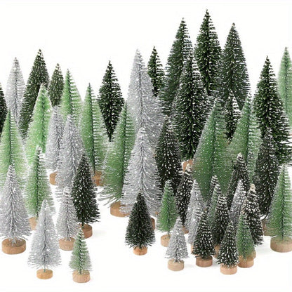 Mini Artificial Christmas Trees Set of 15, Bottle Brush Tabletop Trees with Wooden Base & Snowflake Sprinkles — Bendable Non-Lit Holiday Centerpieces for Christmas, Halloween & Thanksgiving Decor