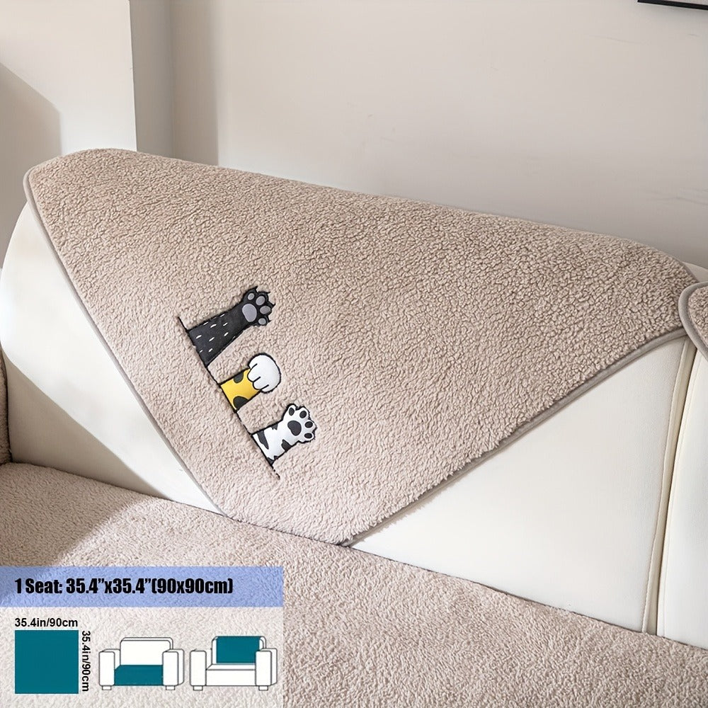 Sofa Cover, Sherpa Plush Cat-Paw Embroidered Seat Pad with Non-Slip Backing in Four Colors and Seven Sizes