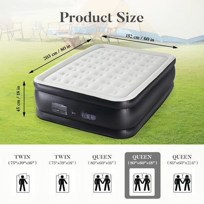 Inflatable Air Mattress with Built-In Pump 16"/18"/21" Thick – 660 LBS Capacity Double Height Blow-Up Airbed with Non-Slip Bottom, Twin & Queen Sizes for Camping, Home & Guest Use