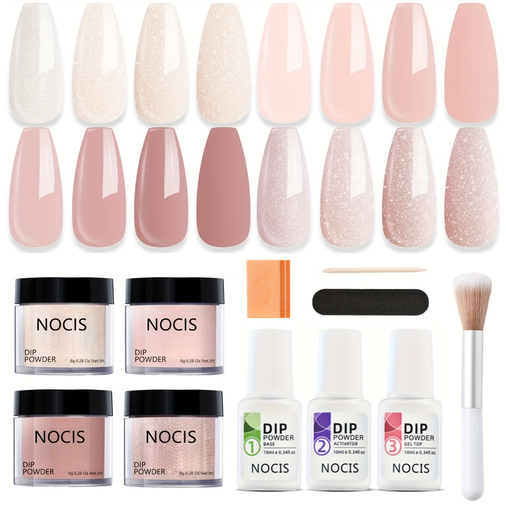 Dip Powder Nail Kit 4 Colors Glitter Nude Shades French Manicure Set with Base Coat Top Coat Activator No Lamp Needed Long Lasting Salon Quality Gift for Women