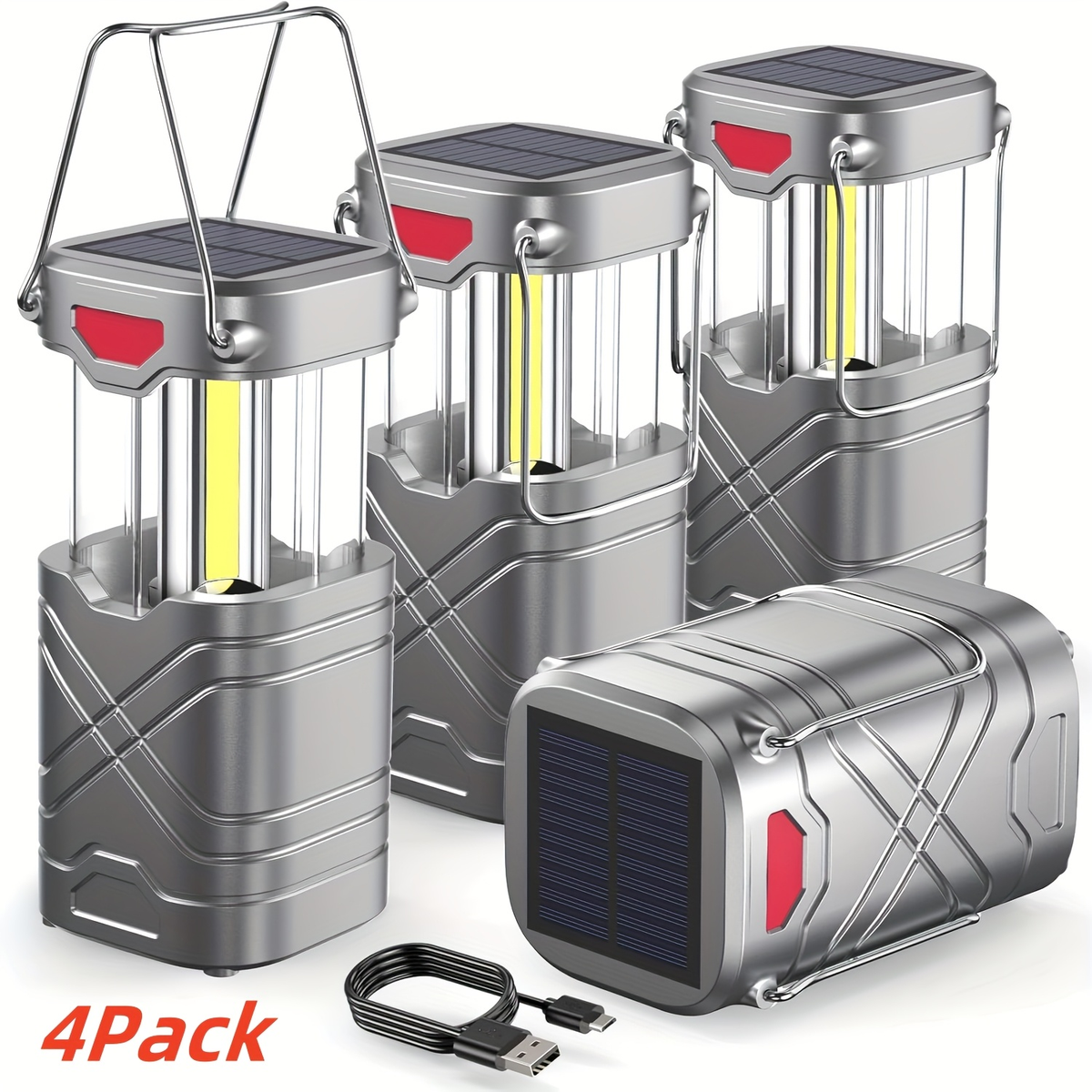 Collapsible Camping Lantern in Four- or Eight-Piece Packs with Solar Panel, USB Charging and Three Power Methods