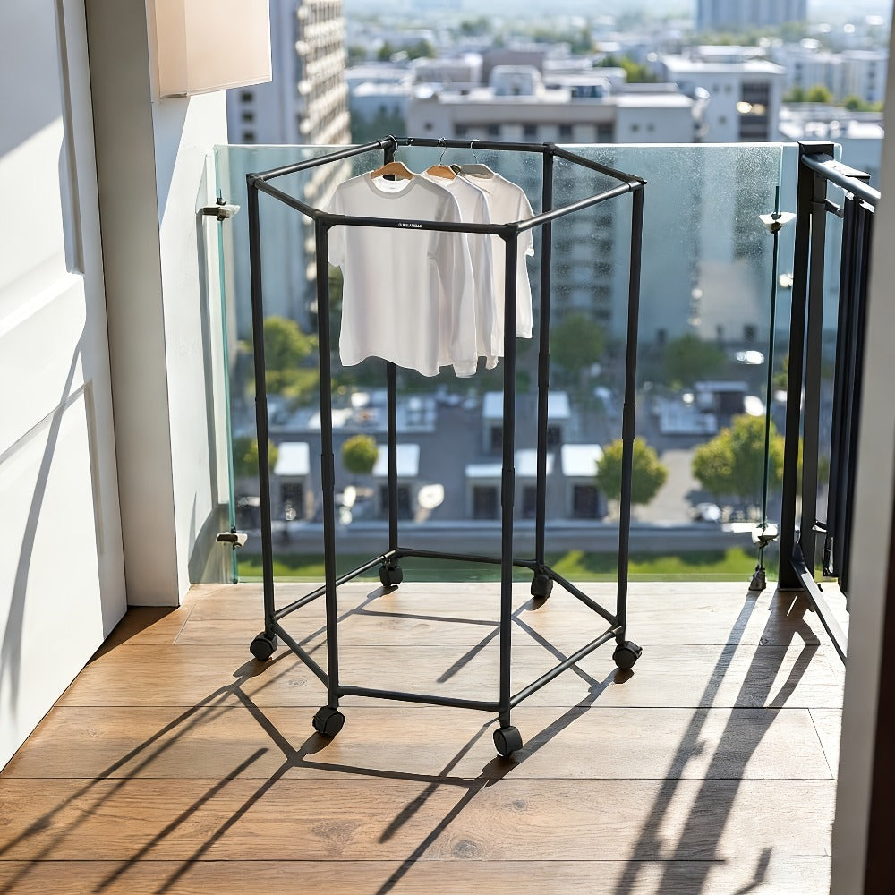 Hexagonal Clothes Drying Rack Freestanding Rotating Metal Garment Rack with Wheels Multiple Rods Space Saving Coat Rack for Bedroom Dorm Balcony Laundry