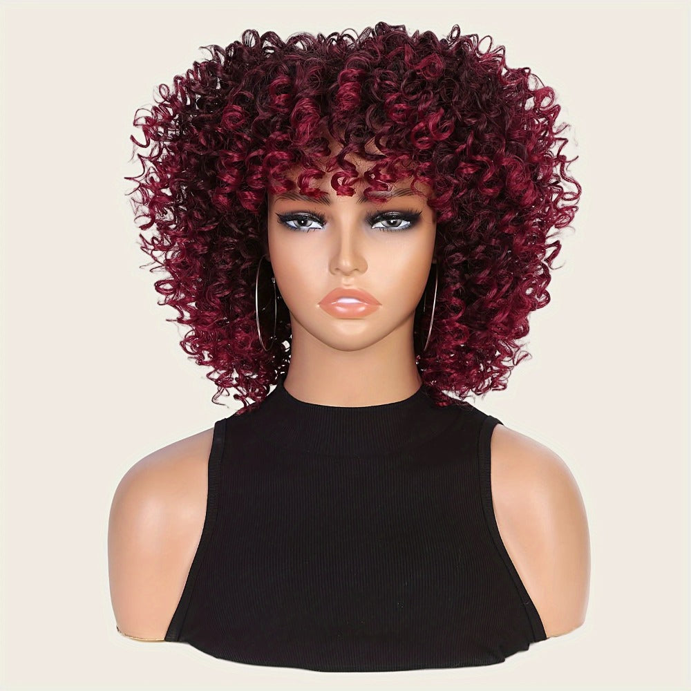Afro Kinky Curly Wig for Black Women Short Synthetic Hair with Bangs 180% High Density Natural Fluffy Curls Stretch Cap Daily Wear Party Cosplay Fits All Head Sizes
