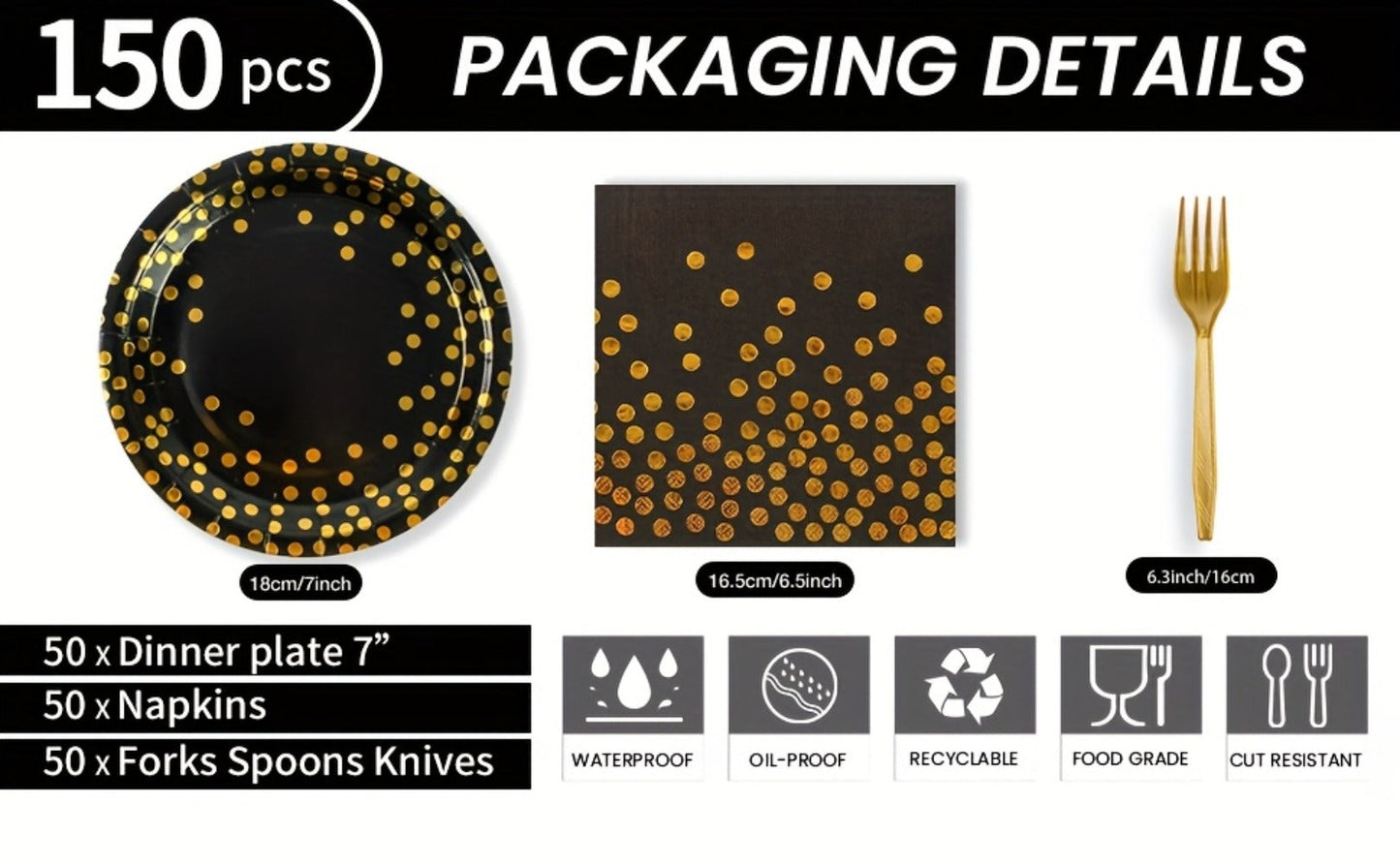 150-Piece Black and Gold Disposable Party Tableware Set with Place Settings for 50 Event Guests