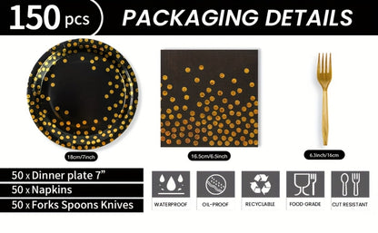 150-Piece Black and Gold Disposable Party Tableware Set with Place Settings for 50 Event Guests