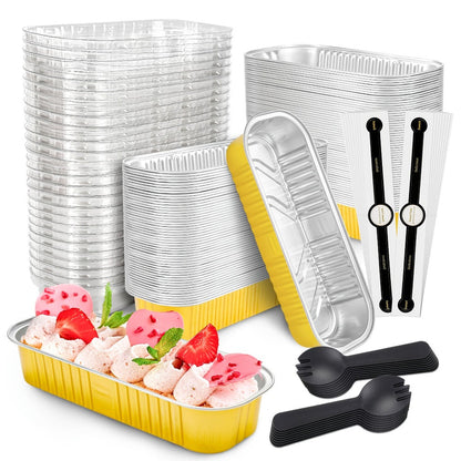 Mini Cake Pans 100 Pack with Lids and Spoons Aluminum Foil Rectangular Disposable Baking Pans 6.8oz for Cheesecake Desserts Gifts Party Catering 6 Colors