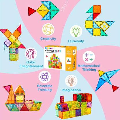 Magnetic Tiles Building Sets in 80, 106 or 136-Piece Options with Multicolor Translucent Shapes and Vehicle Bases