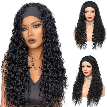 Black Curly Headband Wig in 12, 16 or 22 Inch Protected Length Options with Elastic Cap and Combs