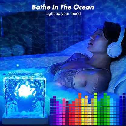 RGB Night Light Rechargeable 16-Color Ocean Wave Projection Lamp - Rotating Flame Water Ripple Remote Dimming for Bedroom Bar Restaurant Display Cabinet Decor