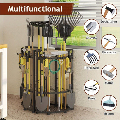 Wall Mount Tool Organizer Rack - Heavy Duty Metal Garden Tool Storage with Hooks for Shovels, Rakes & Long-Handled Tools | Garage, Shed & Backyard Corner Utility Storage