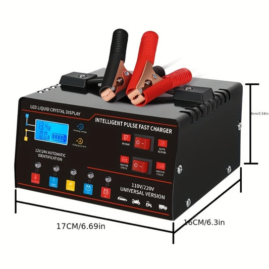 Smart Battery Charger 12V & 24V with LCD Display – Intelligent Trickle Charger, Smart Repair, Overcharge & Short Circuit Protection for Cars SUVs Trucks Motorcycles Yachts