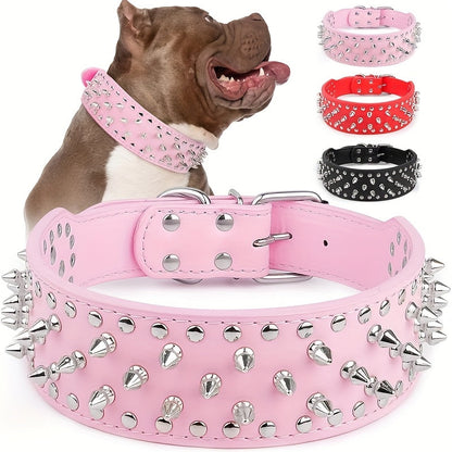 Wide Studded Dog Collar with Faux-Leather Band, Metal Spikes and Rivets in Six Colors, Sizes M and L