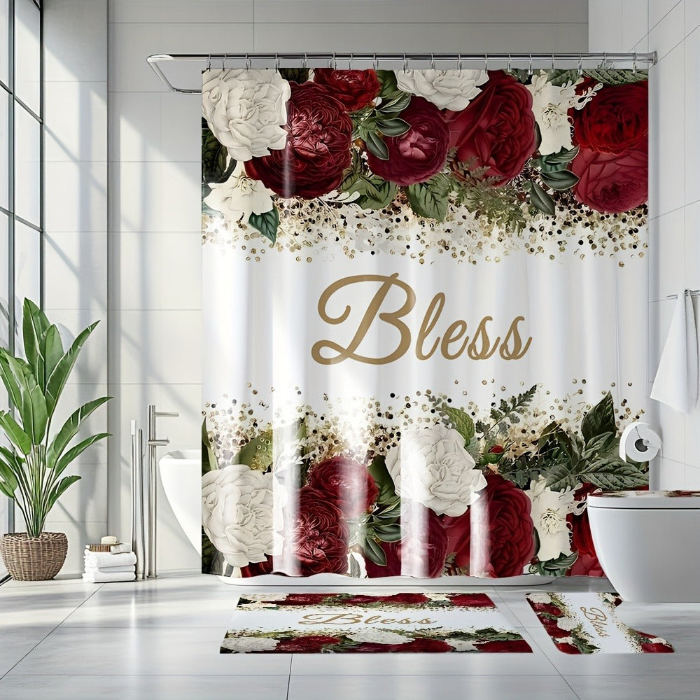 Four-Piece Rose and Bless Shower Curtain Set with Coordinated Mats, Lid Cover and Twelve White Hooks