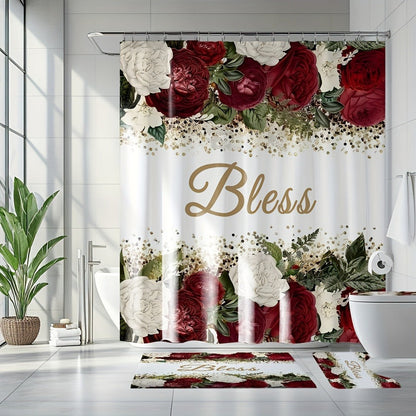 Four-Piece Rose and Bless Shower Curtain Set with Coordinated Mats, Lid Cover and Twelve White Hooks
