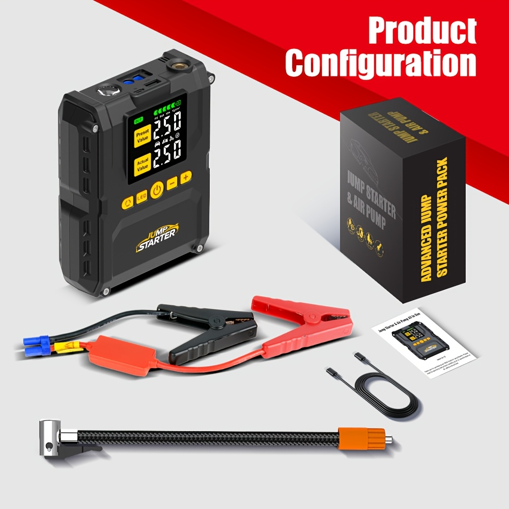 6500A Jump Starter with 150PSI Built-in Air Compressor QC3.0 USB-A USB-C LED Flashlight Smart Safety for 3.17gal Gas 2.11gal Diesel Portable Power Bank
