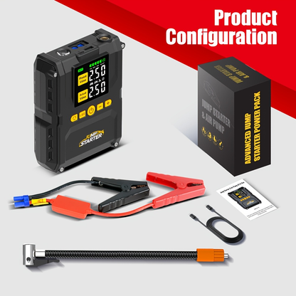 6500A Jump Starter with 150PSI Built-in Air Compressor QC3.0 USB-A USB-C LED Flashlight Smart Safety for 3.17gal Gas 2.11gal Diesel Portable Power Bank