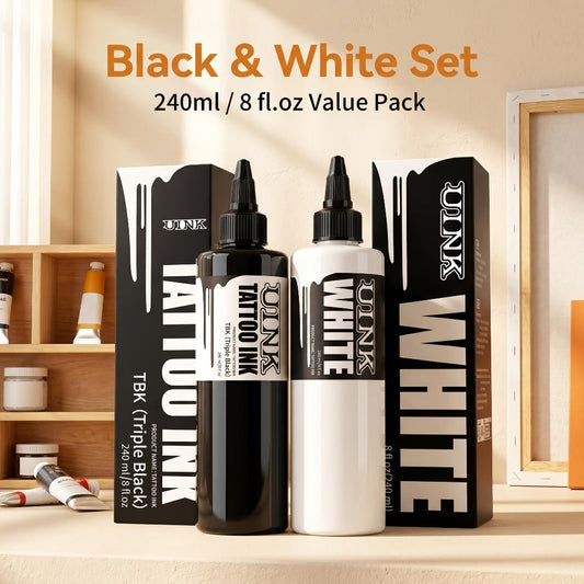 Large Capacity Tattoo Ink 8.12oz 240ml Black & White - UINK Professional Formula for Line Work Shading Coloring Body Art, High Volume Studio Supply for Beginners & Artists