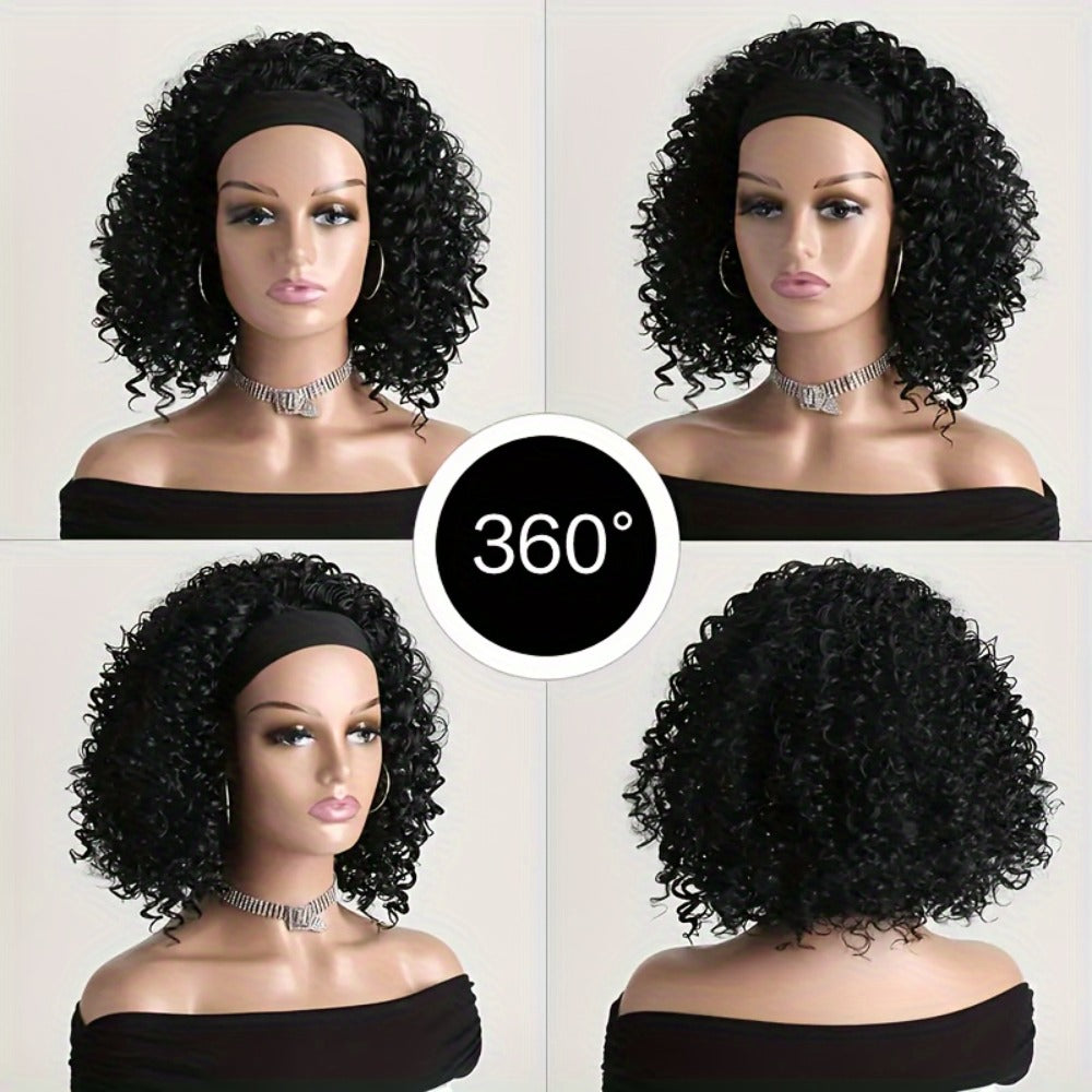 Black Curly Headband Wig in 12, 16 or 22 Inch Protected Length Options with Elastic Cap and Combs