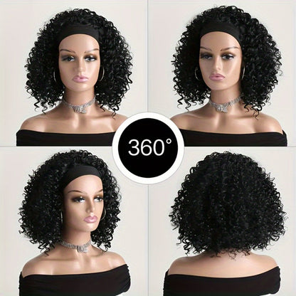 Black Curly Headband Wig in 12, 16 or 22 Inch Protected Length Options with Elastic Cap and Combs