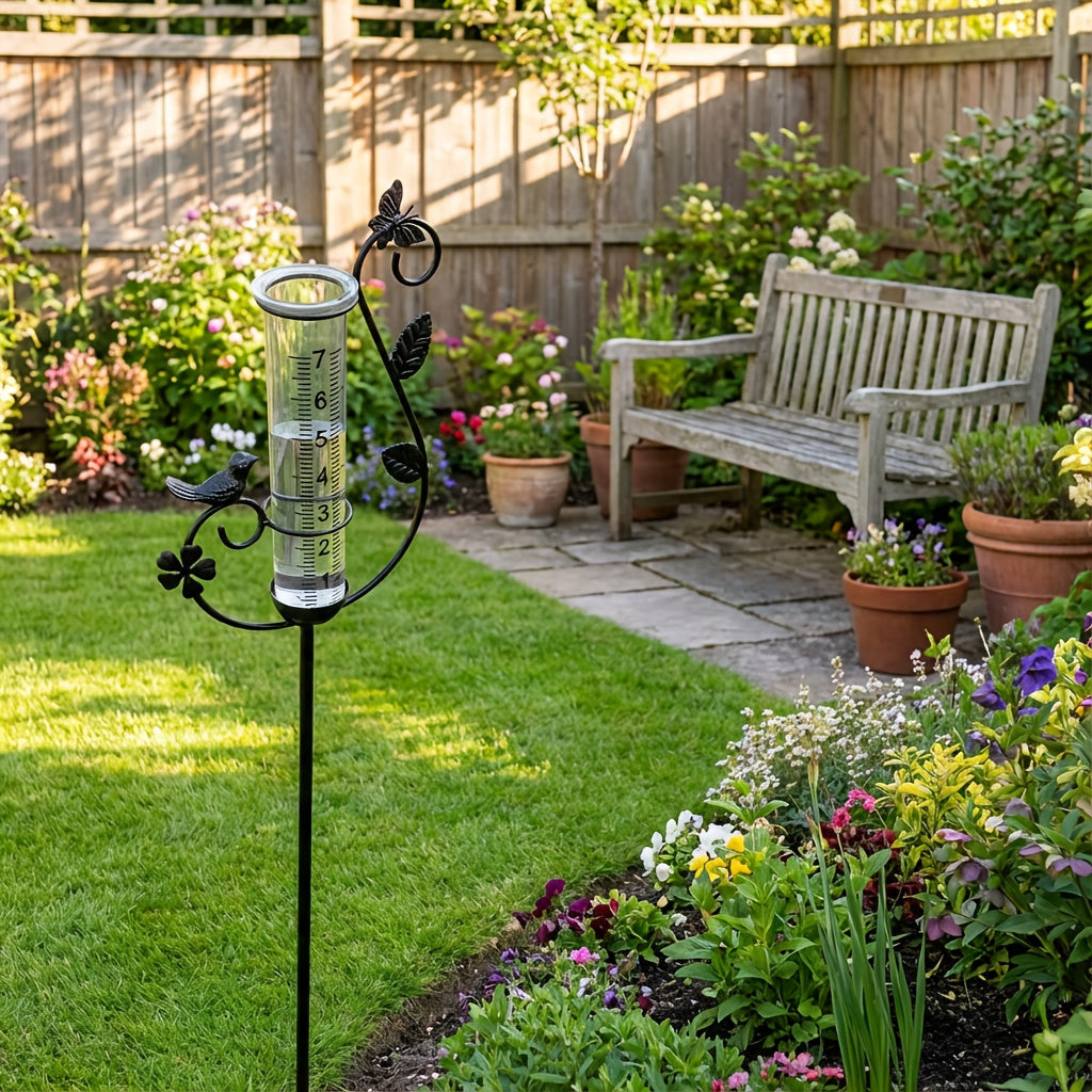 Decorative Eight-Inch Outdoor Rain Gauge with Bird Ornament and Spiral Metal Stake in Black or Bronze