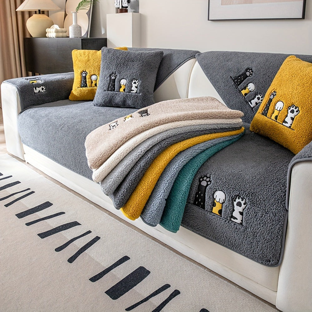 Sofa Cover, Sherpa Plush Cat-Paw Embroidered Seat Pad with Non-Slip Backing in Four Colors and Seven Sizes