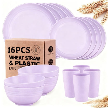 Wheat Straw Dinnerware Set 16 or 32 Piece – Plates & Bowls for 4 or 8 People, Microwave & Dishwasher Safe Plastic Dish Set, Lightweight Colorful Tableware for Home, Party & Holiday
