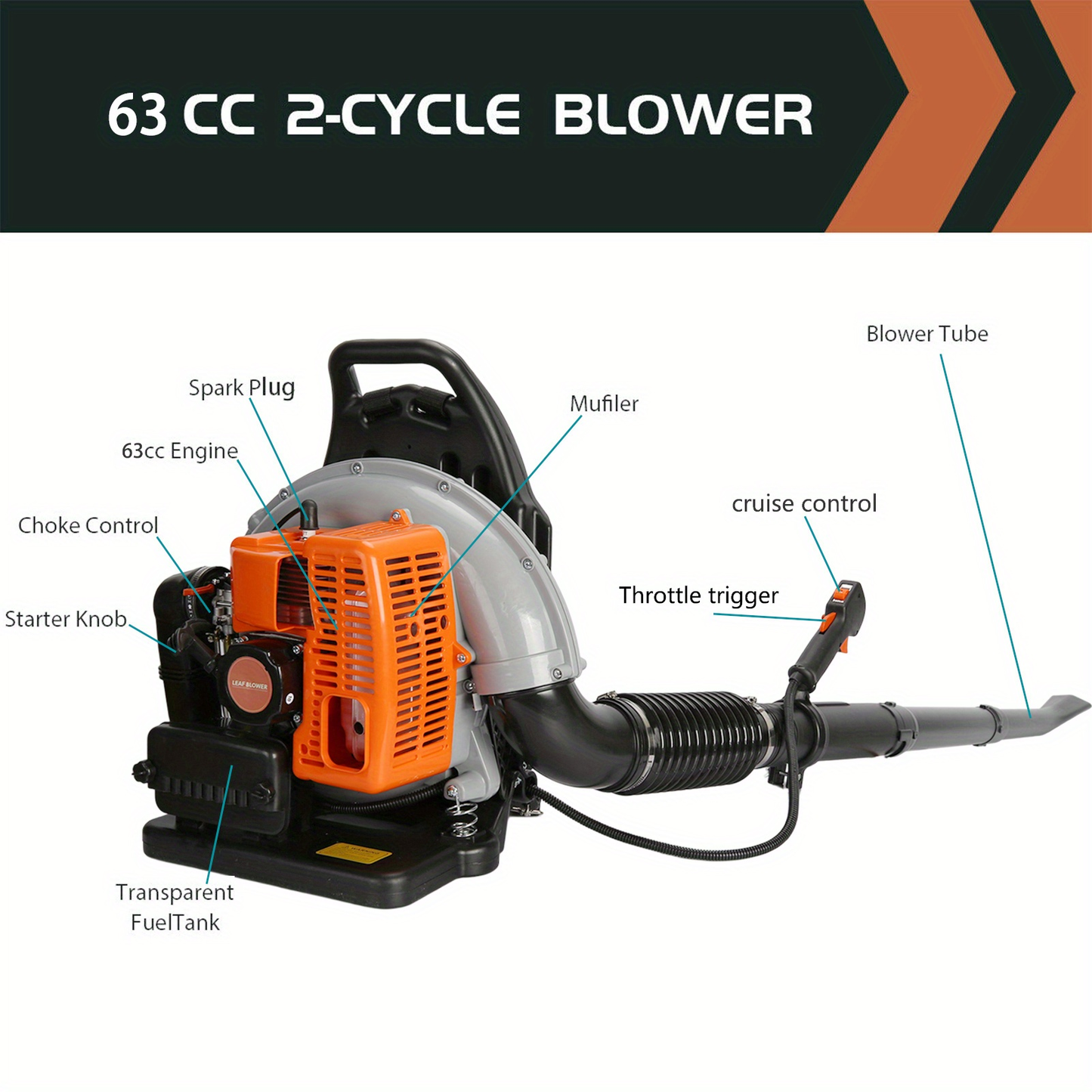 Backpack Gas Leaf Blower in Orange with 2-Stroke Engine Label, Flexible Elbow, Long Tube and Control Handle