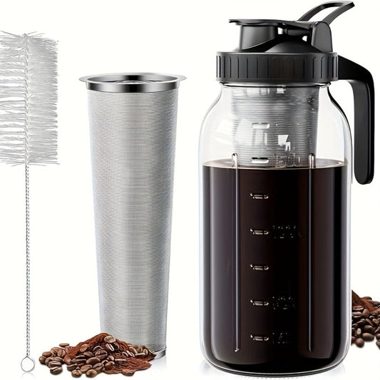 Cold Brew Coffee Maker with Stainless Steel Filter & Cleaning Brush - Large Capacity Glass Mason Jar Pitcher for Home, Kitchen, Bar & Restaurant, Professional Cold Brew Pot for Smooth Concentrate