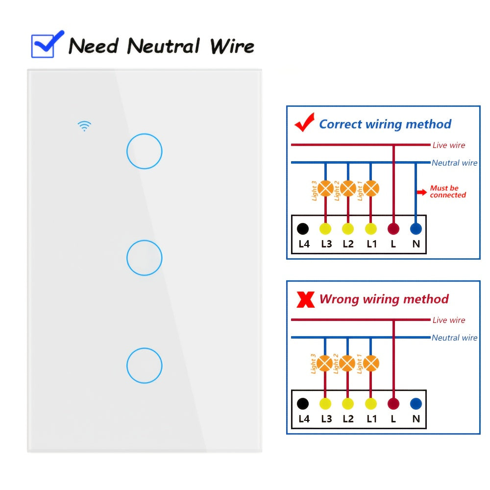 White Glass WiFi and Bluetooth Touch Wall Switch with One- to Four-Gang US-Style Options and Neutral-Wire Wiring