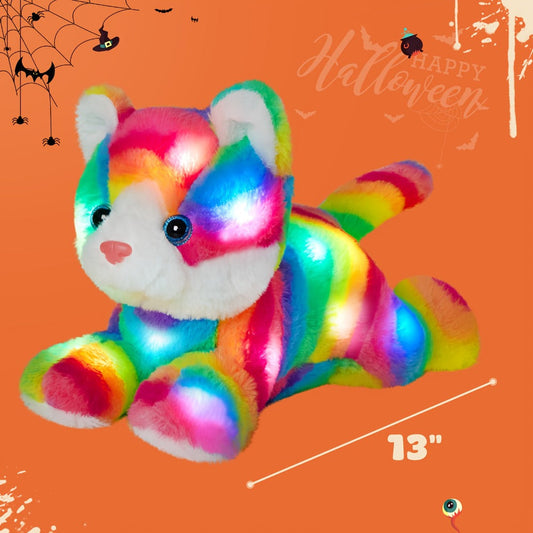 Plush Toy – Rainbow Cat with LED Glow and Optional Music for Colorful Kawaii Room Display and Gifting