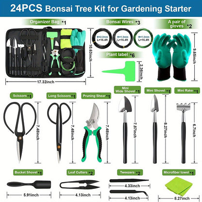 Bonsai Tool Set 24-Piece Kit for Beginners & Enthusiasts, Includes Pruning Shears, Scissors, Trimming Tools & PU Leather Bag – Complete Bonsai Care Kit Gift for Men & Women