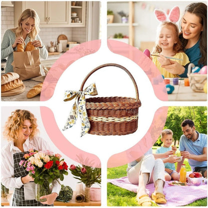 Wicker Easter Basket with Handle – Large Hand Woven Retro Basket with Ribbon for Easter Egg Hunt, Picnic, Outdoor Camping, Gift Hamper & Home Decor