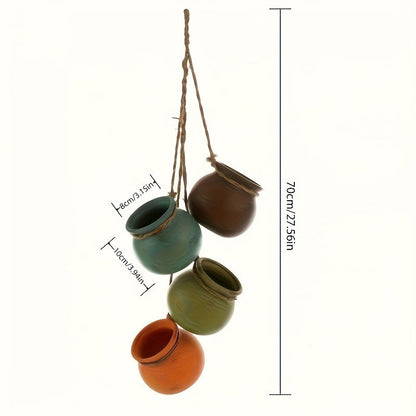 Four-Piece Geometric Hanging Planter Set with Hemp-Rope-Label Suspension and Four Earth-Tone Pot Colors