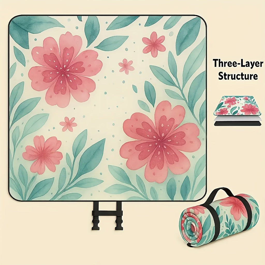 Padded Foldable Picnic Blanket with Floral Pattern for Beach Trips, Park Outings, Camping and Everyday Travel