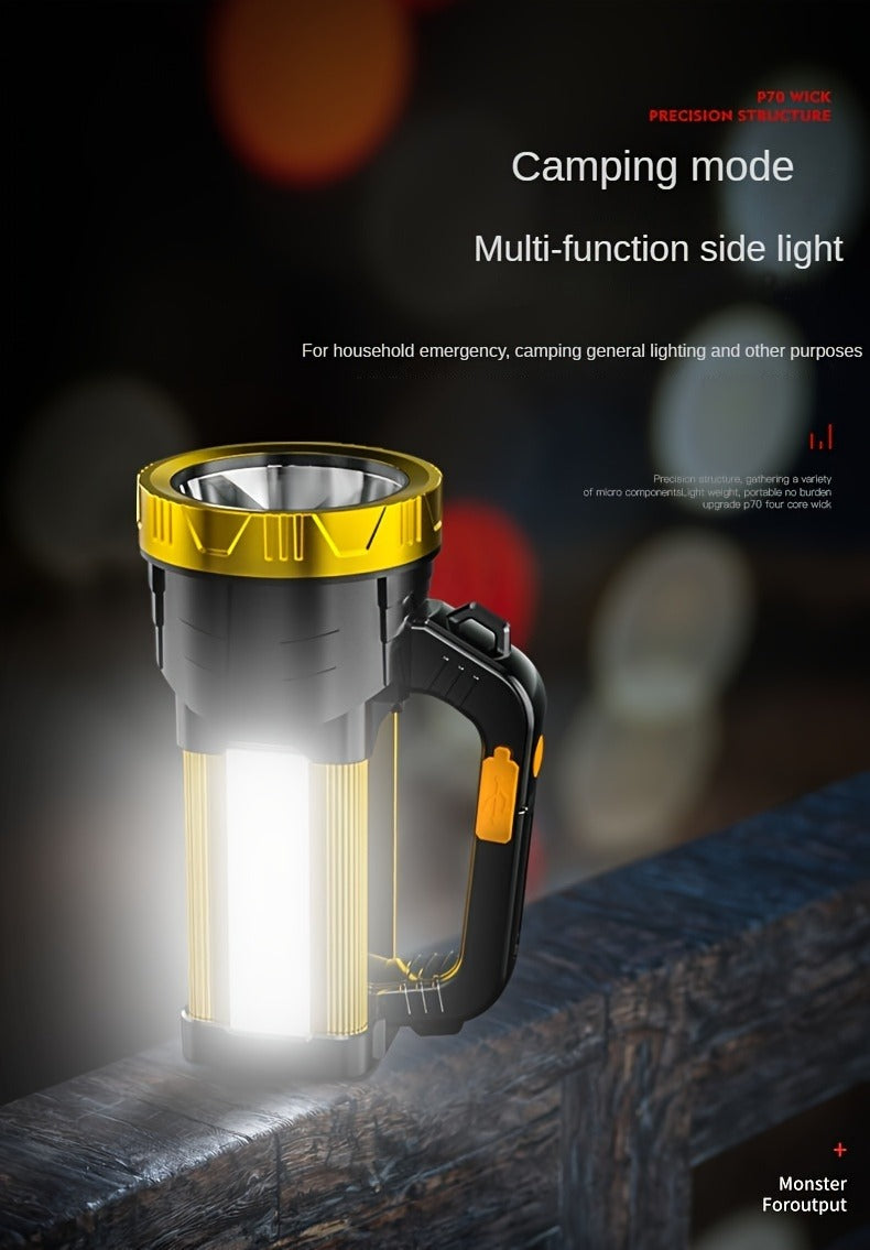 Flashlight 2000-Lumen Rechargeable Searchlight with 2400mAh Battery, Side Lantern and USB Output