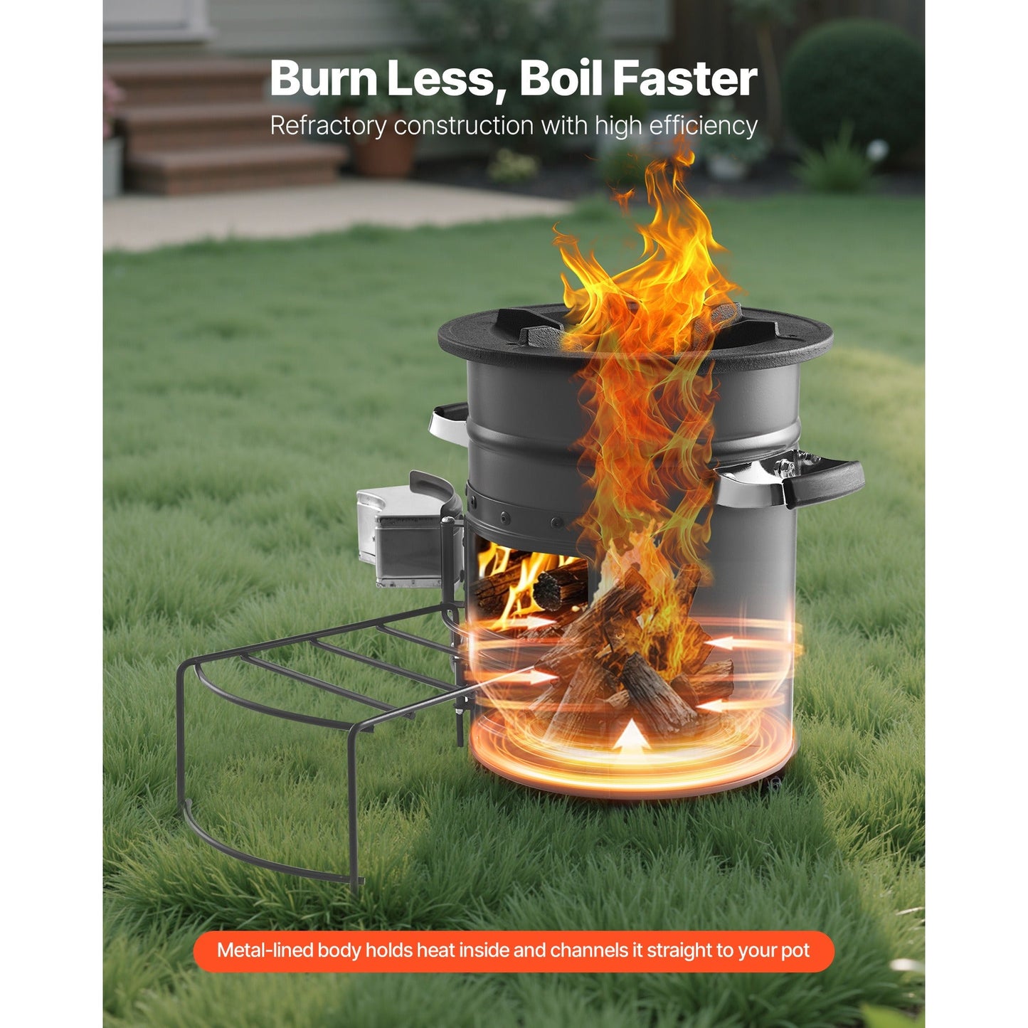 Wood Burning Rocket Stove Portable Camping Stove with Cast Iron Top, Double Door, Fireproof Lining, 16 lbs Lightweight, Canvas Bag Included, Charcoal Compatible